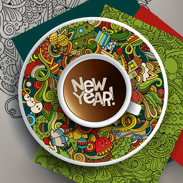 Εικονογράφηση διάνυσμα με ένα φλιτζάνι καφέ και ζωγραφισμένα στο χέρι το νέο έτος - Διάνυσμα, εικόνα