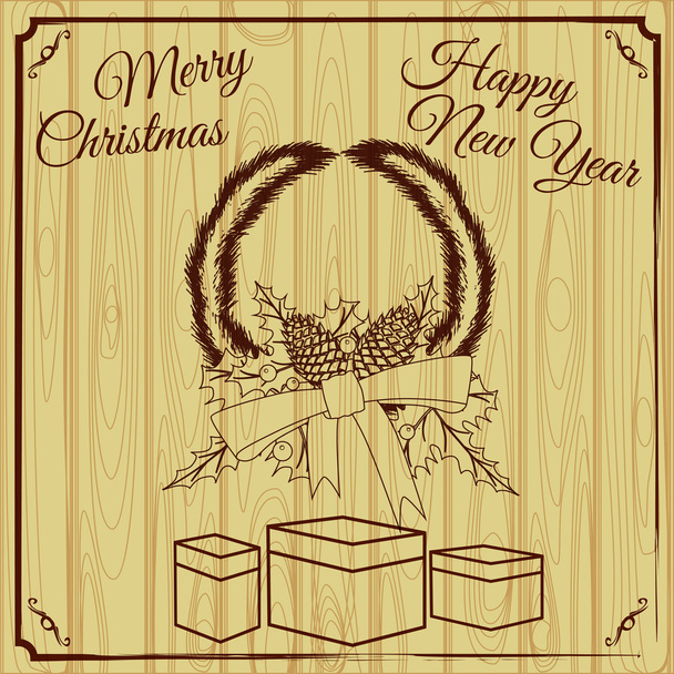 Feliz Navidad y un Feliz Año Nuevo, tableros de madera de fondo, imitación de madera quemada
 - Vector, Imagen
