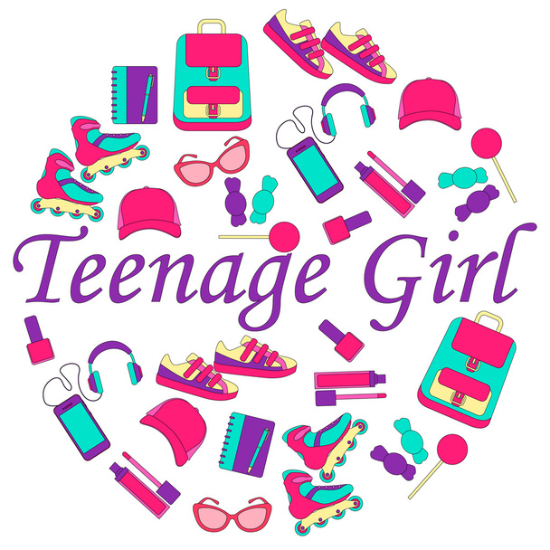 Vaatteet ja tarvikkeet teini-ikäisille tytöille. Pyöreä juliste. Vektoriesimerkki
 - Vektori, kuva