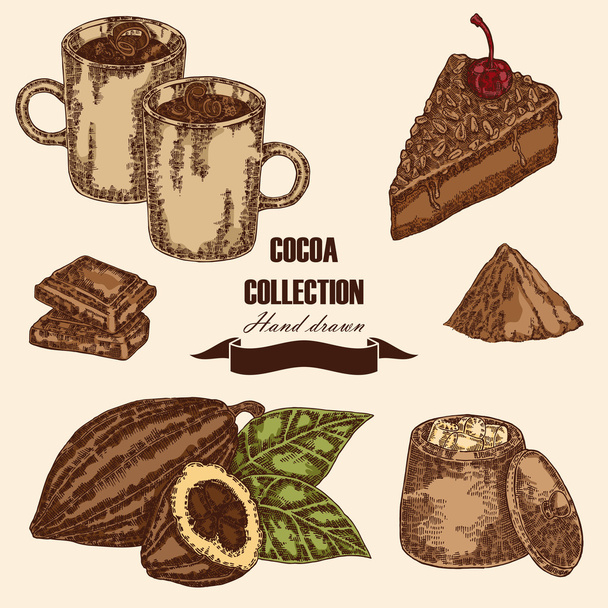 Hand drawn cocoa beans. Cocoa pod, chocolate cake, marshmallow - Vector, Image