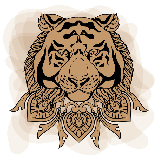 Cabeça de tigre dourada com mandala ornamento. Vintage mão desenhada ilusão
 - Vetor, Imagem