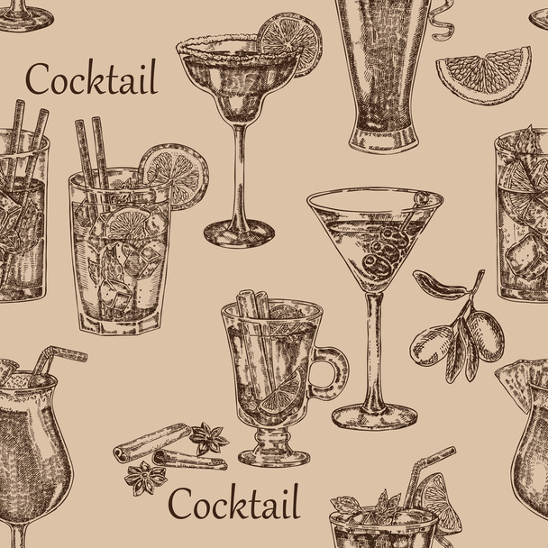Hand drawn cocktail seamless background. Vector sketch illustration - Vector, Image