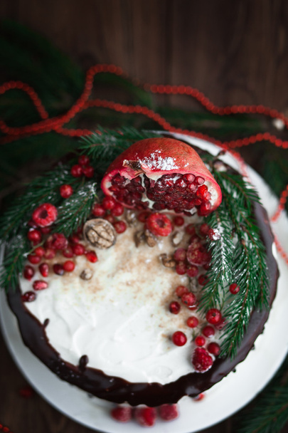 Pie with fresh pomegranate and green spruce - Photo, Image