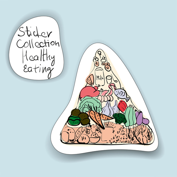 Το σχέδιο αυτοκόλλητων ετικεττών για υγιεινή διατροφή - η Piramid των τροφίμων - Διάνυσμα, εικόνα