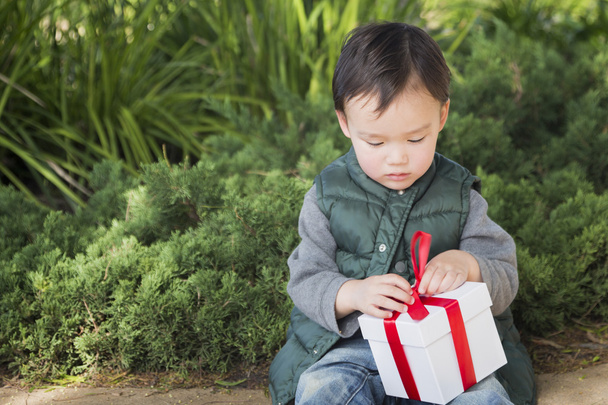 Chłopiec mieszanej rasy otwarcia na zewnątrz prezent Boże Narodzenie - Zdjęcie, obraz