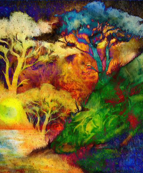 Maalaus auringonlasku, meri ja puu, taustakuva maisema, väri kollaasi. ja abstrakti grunge tausta täpliä
. - Valokuva, kuva