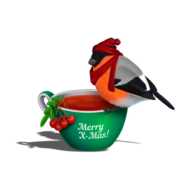 Weihnachtsillustration mit heißem Tee, Vogelbeere und Gimpel im warmen Hut - Foto, Bild