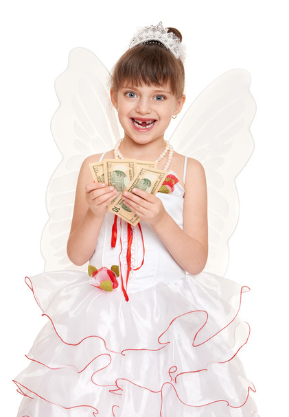 criança dente perdido vestido como fada do dente com presentes e dinheiro
 - Foto, Imagem