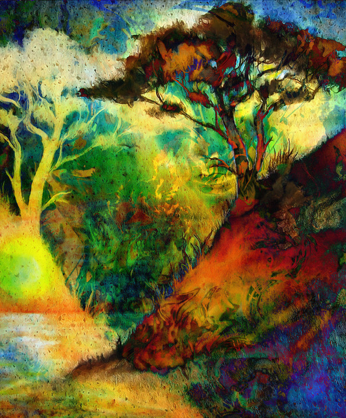 Pintura puesta del sol, mar y árbol, paisaje de papel pintado, collage de color. y fondo grunge abstracto con manchas. Rojo, verde, amarillo, negro
. - Foto, imagen