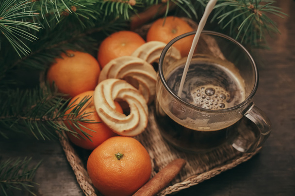 Tangerines Christmas Tree Coffee on old wooden background - Photo, Image