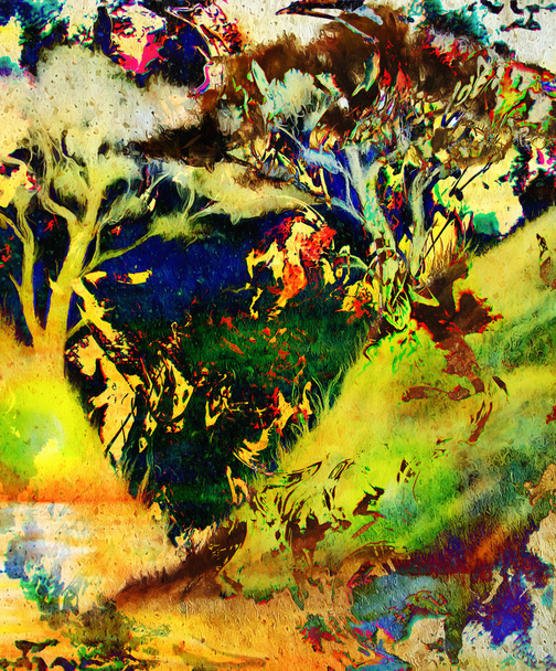 Pintura puesta del sol, mar y árbol, paisaje de papel pintado, collage de color. y fondo grunge abstracto con manchas, collage informático. Azul, negro, amarillo, rojo y verde
. - Foto, Imagen