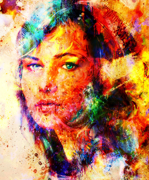 Retrato de mulher jovem, pintura a cores em fundo abstrato, colagem de computador. Contacto ocular
. - Foto, Imagem