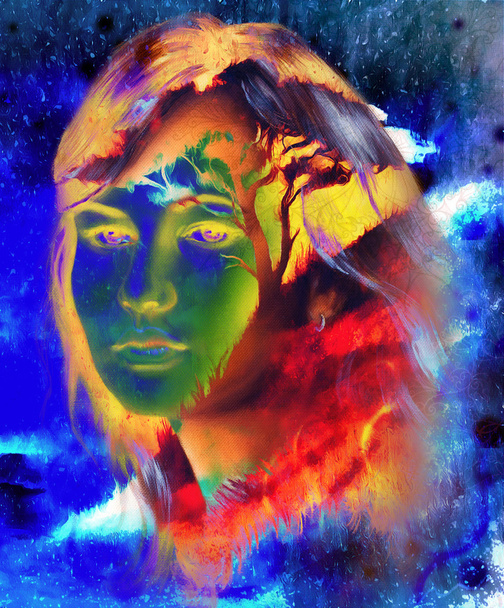 Deusa mulher, rosto e árvore, e cor de fundo abstrato. Cor azul, preto, amarelo e vermelho
. - Foto, Imagem