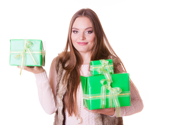 Pretty fashion woman with boxes gifts. Birthday. - 写真・画像