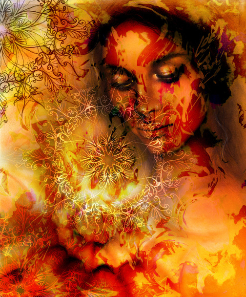 Женщина-богиня с Фабрегасом, цветом, фоном и огневой структурой. медитативные закрытые глаза. Коричневый, оранжевый, желтый цвет
. - Фото, изображение