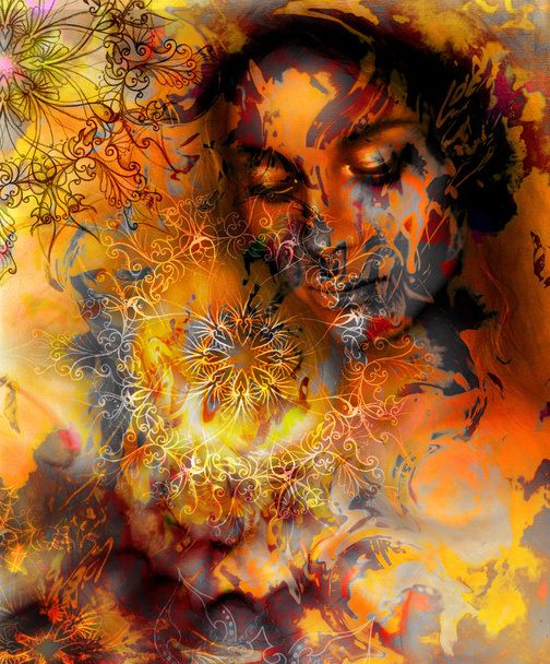 Beautiful Painting Goddess Woman with ornamental mandala and color abstract background  and fire structure. meditative closed eyes. Brown, orange, yellow color. - Zdjęcie, obraz