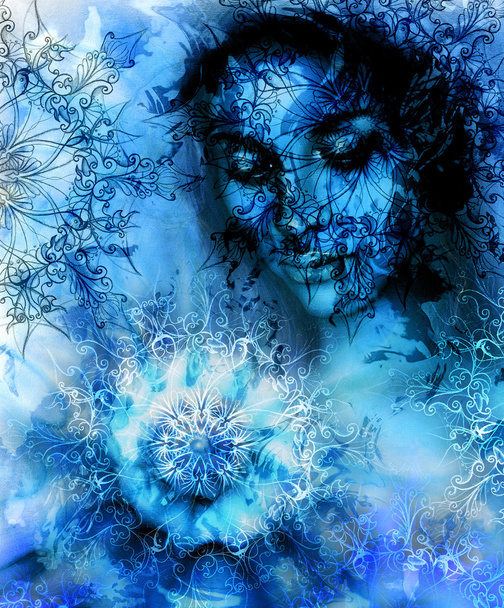 Beautiful Painting Goddess Woman with ornamental mandala and color abstract background  and desert crackle. Blue, black and white color. - Fotoğraf, Görsel