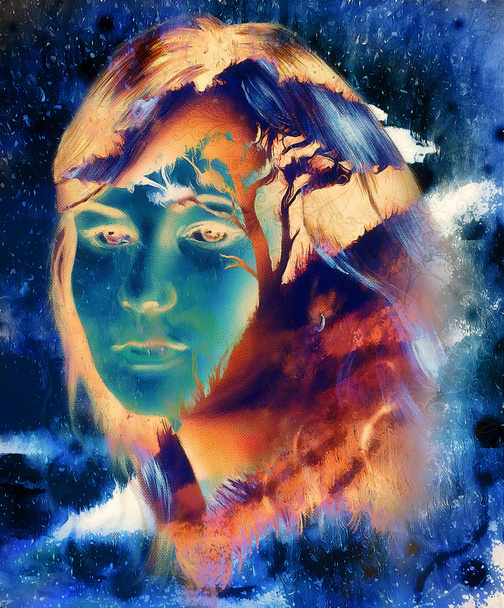 Goddess woman,l face and tree, and color abstract background - 写真・画像