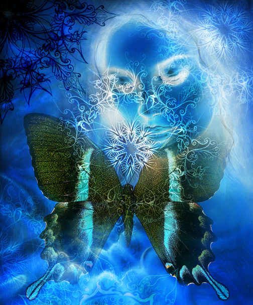 Богиня Женщина и восточная декоративная мандала и цветной абстрактный фон с пятнами. Синий, чёрный и белый цвет
. - Фото, изображение