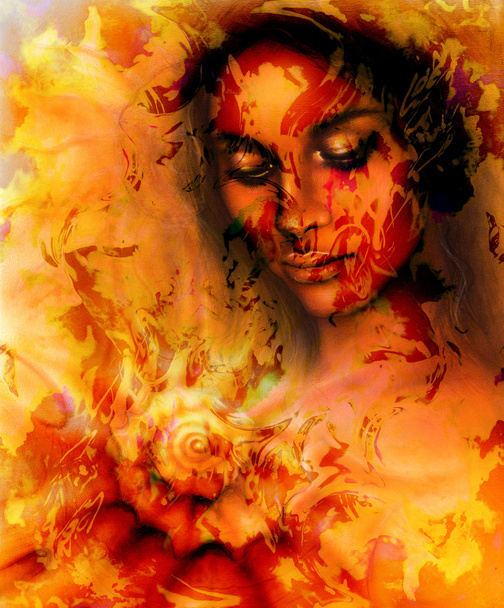 Um belo retrato de uma jovem mulher com olhos fechados meditando sobre uma concha em espiral, fundo abstrato cor, colagem de computador. Vermelho, laranja, cor preta
. - Foto, Imagem