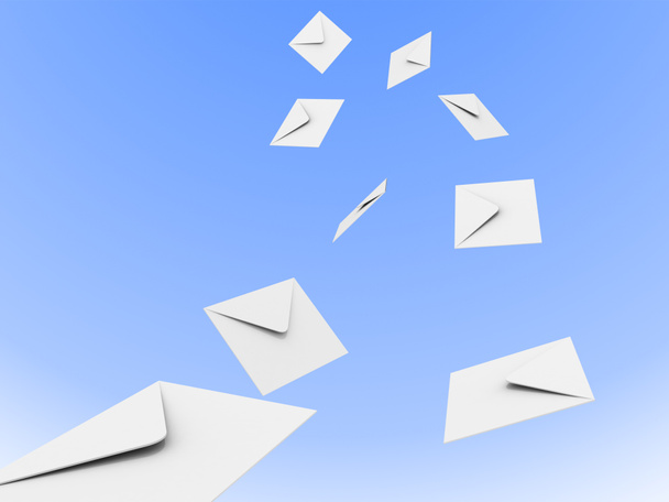 Flujo de sobres de correo blanco en el cielo azul
 - Foto, Imagen
