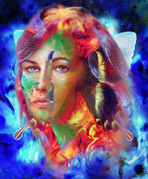 Красиві жінки богині і кольоровий метелик, змішані носії, абстрактний кольоровий фон
. - Фото, зображення