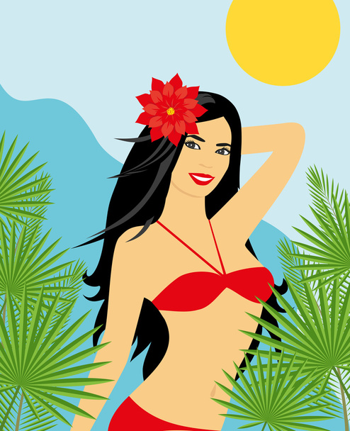 Красива дівчина з квіткою в волоссі в бікіні на пляжі
 - Вектор, зображення