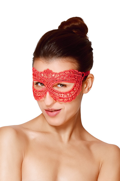 крупний портрет сексуальної леді в червоній шнурковій масці
 - Фото, зображення