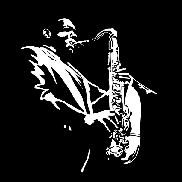 Jazzowy mężczyzna gra na trąbce, muzyka sztuka ilustracji, grawerowane w stylu retro - Wektor, obraz