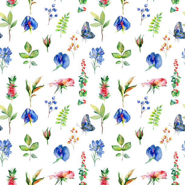 Bezešvé pattern s modrými Sweet pea, Lathyrus odoratus, listy. - Fotografie, Obrázek