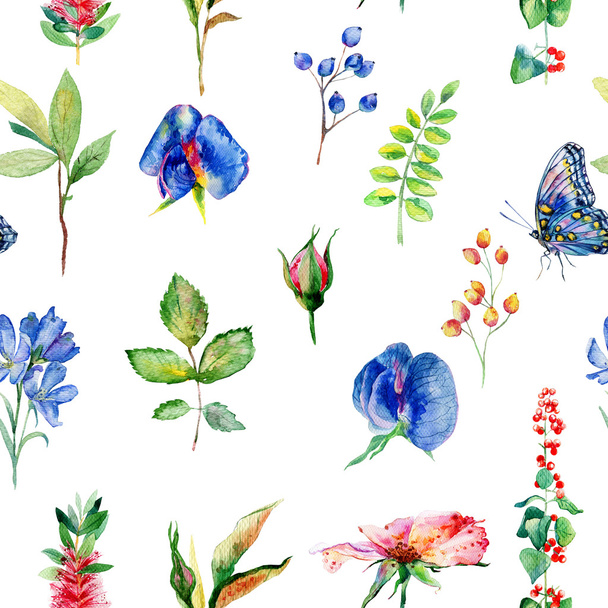 Seamless pattern with blue Sweet pea, Lathyrus odoratus, leaves. - Photo, Image