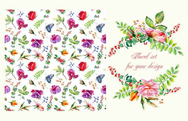 Set of watercolor seamless pattern with flowers and two floral c - Photo, Image