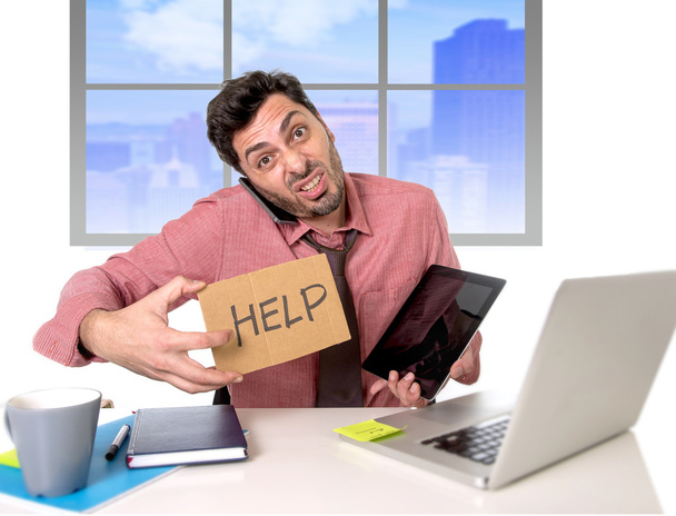 overwhelmed businessman working on computer laptop asking for help depressed - Photo, Image