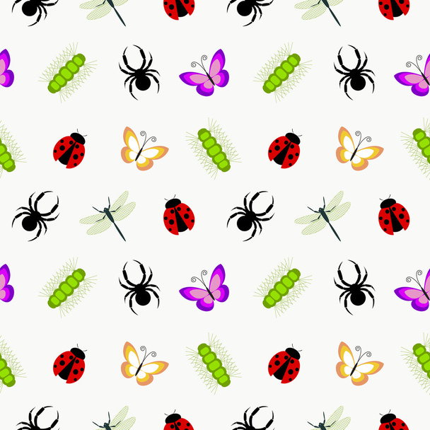 Seamless vector pattern with insects, cute colorful background with spiders, ladybugs, caterpillars and butterflies, over white backdrop - Vektor, Bild