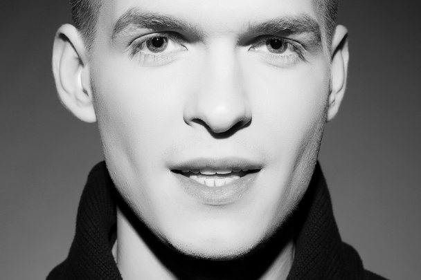 Men's beauty concept. Black and white close up portrait of young - Fotoğraf, Görsel