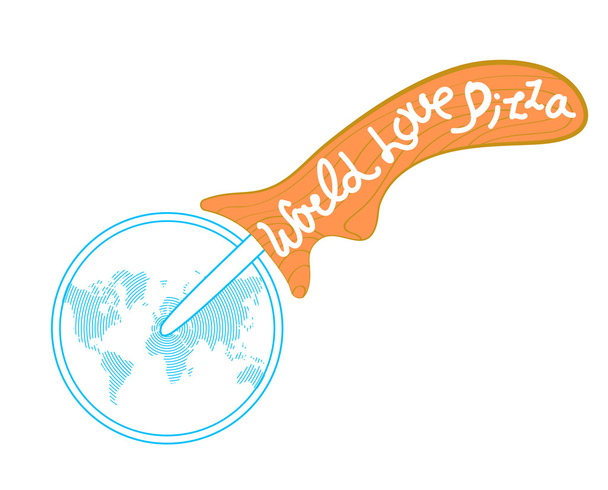 κόπτης πίτσα με παγκόσμιο χάρτη, ζωγραφισμένο σε τη λεπίδα και το κείμενο σε ξύλινη λαβή - Διάνυσμα, εικόνα
