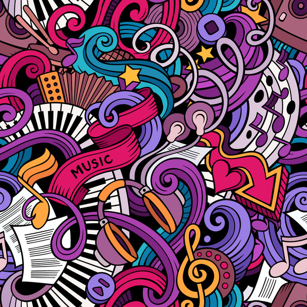 Cartoon hand-drawn doodles music seamless pattern - Vector, Image