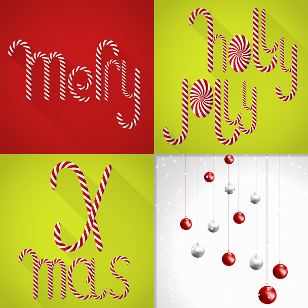 Χριστουγεννιάτικη κάρτα σε ένα σύγχρονο πολύχρωμο πλακιδίων σχέδιο με handmaden γραμματοσειρά γλειφιτζούρι και χριστουγεννιάτικα μπάλες - Διάνυσμα, εικόνα