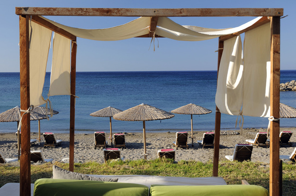Sunbeds at the beach of luxury hotel - Photo, Image