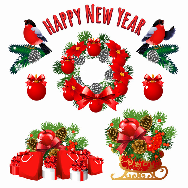 Karácsonyi és újévi csoportja, dekoráció, ajándékokat és egyéb szimbólumok - Vektor, kép