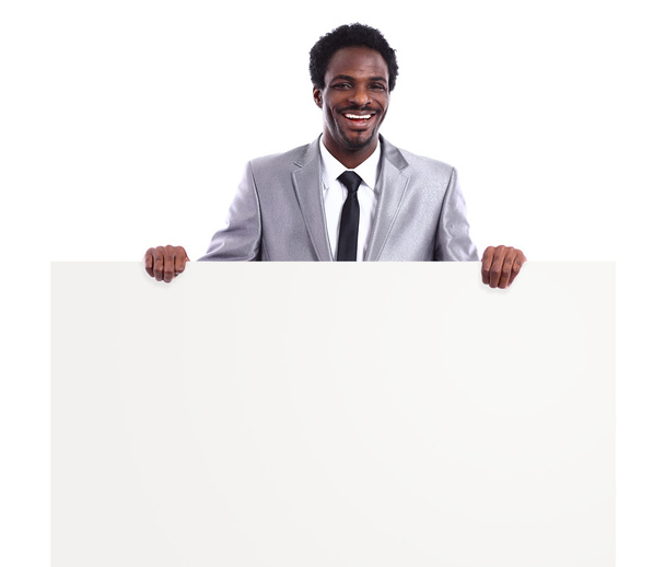 Black businessman with panel isolated - 写真・画像
