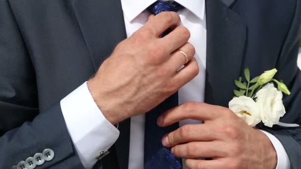 muž (ženich) narovnává kravatu a upevnění jaket - Záběry, video