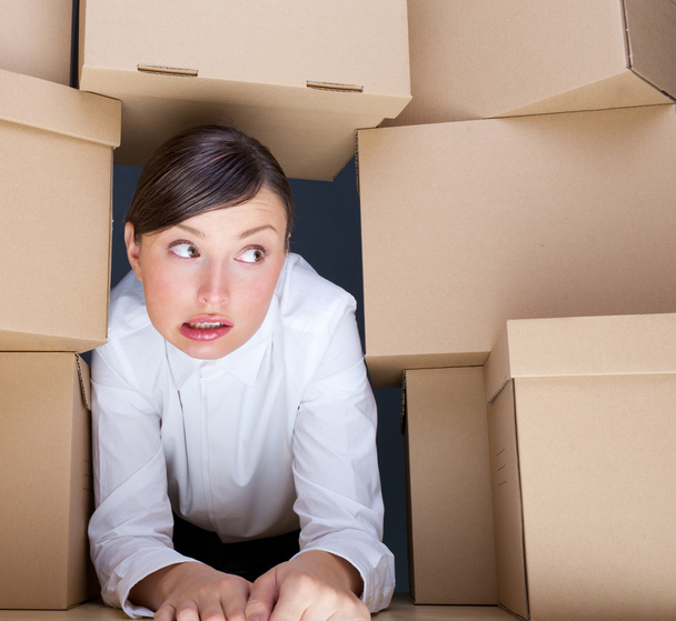 Portrait of young woman surrounded by lots of boxes. Lots of work concept. - 写真・画像
