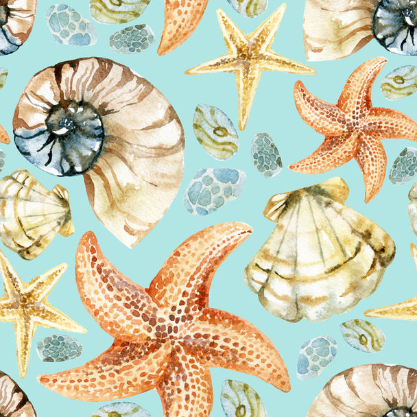 watercolor seashell pattern - Foto, Imagen