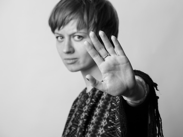Domestic violence - woman put the palm infront of herself - Fotoğraf, Görsel