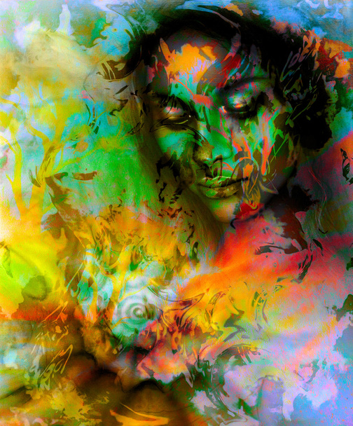 schönes Airbrush-Porträt einer jungen Frau mit geschlossenen Augen, die über eine spiralförmige Muschel meditiert - Foto, Bild