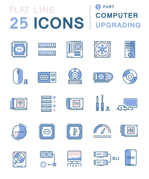 Set Vector Flat Line Icons Upgrading Computer - Vector, Image