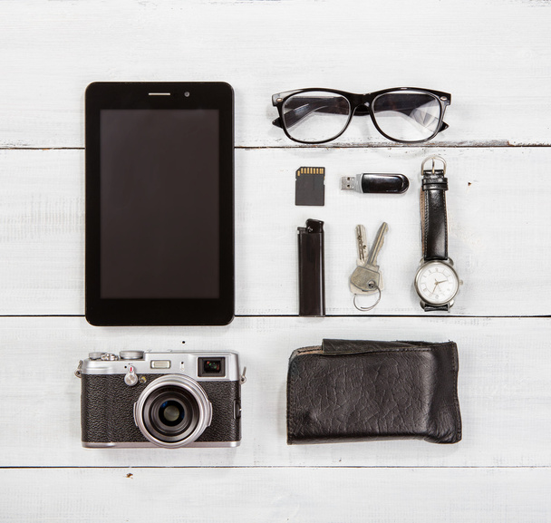 Travel  concept - set of camera, tablet PC and other travel stuf - Фото, изображение