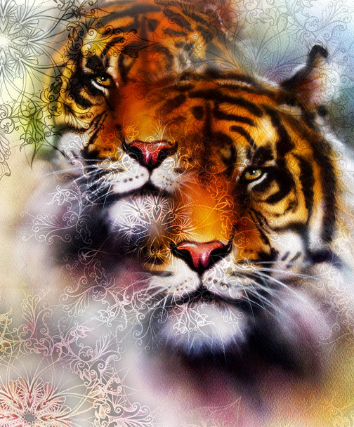 колаж тигра на кольоровому абстрактному фоні та мандали з орнаметом, тварини дикої природи
. - Фото, зображення