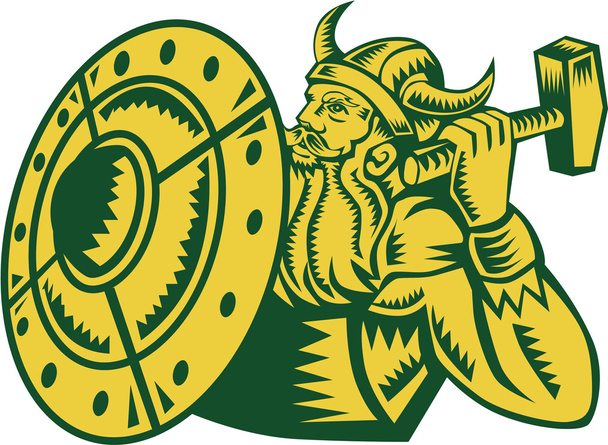 Viking guerreiro martelo escudo Woodcut
 - Vetor, Imagem